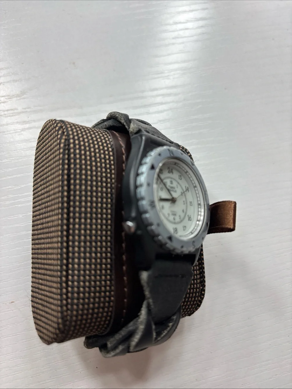 Timex Black Strap Watch with White Dial and Compass Bezel